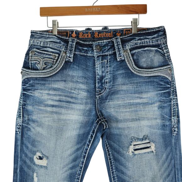 Rock Revival Jeans Mens 33 35x32.5 Blue Baxter Straight Distressed Streetwear - Picture 3 of 13